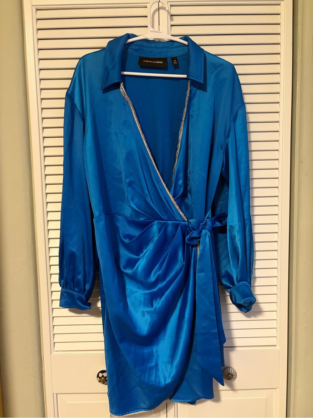 Gabrielle Union Blue Satin Wrap Dress